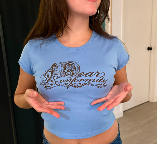 "Dear Conformity" Cap Sleeve Baby Rib Crop Top (Baby Blue)
